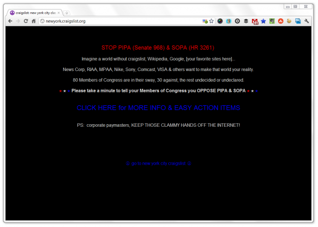 Craigslist SOPA Page