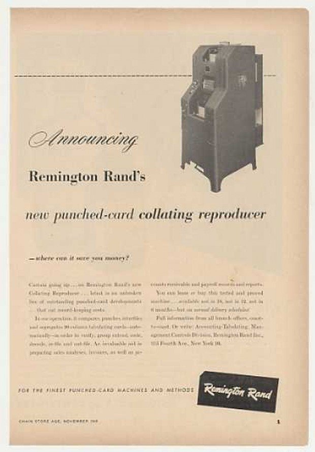vintage computer ads 1940s Remington Rand punched-card collating reproducer