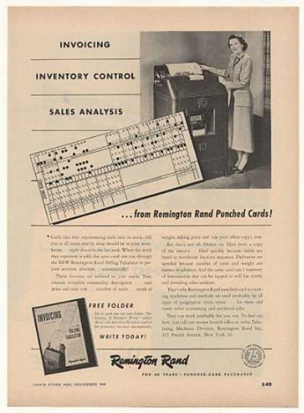 vintage computer ads 1940s Remington rand punched-card tabulator