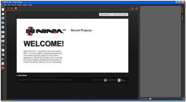 ninja-ide start page