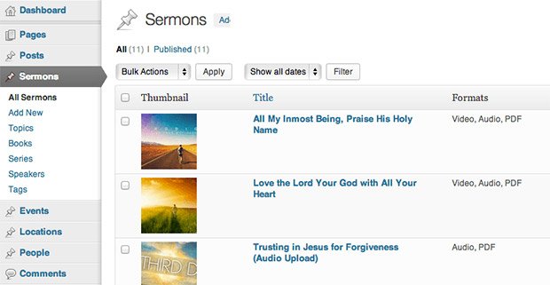 This shows the Church Theme Content plugin's sermon management capabilities.