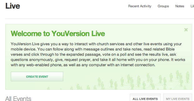 Welcome to YouVersion live. The website interface is where you create events (you can't do it from the phone).