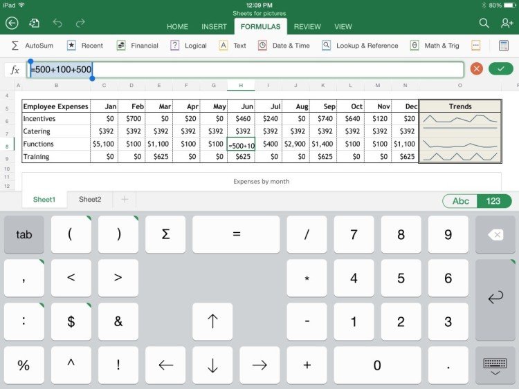 excel ipad screen