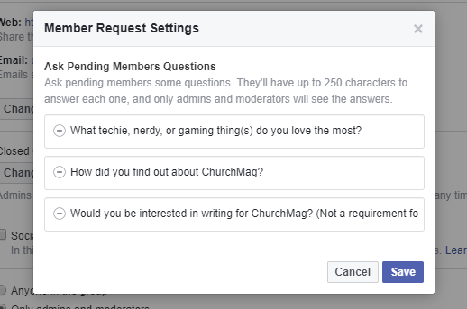 how to add questions before joining facebook group